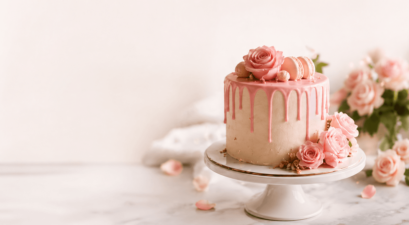 Bolo drip rosa com rosas de açúcar e macarons feitos por Nélia Fanfa nos Açores